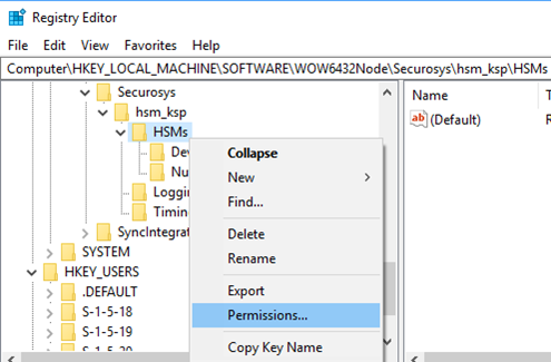 Screenshot showing the &quot;Permissions&quot; option in the Registry Editor