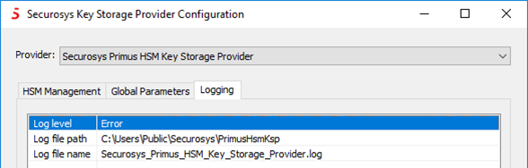 Screenshot showing the logging settings of the Securosys CNG provider