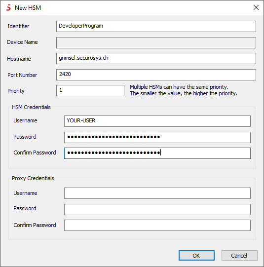 Screenshot showing the form to add a new HSM connection