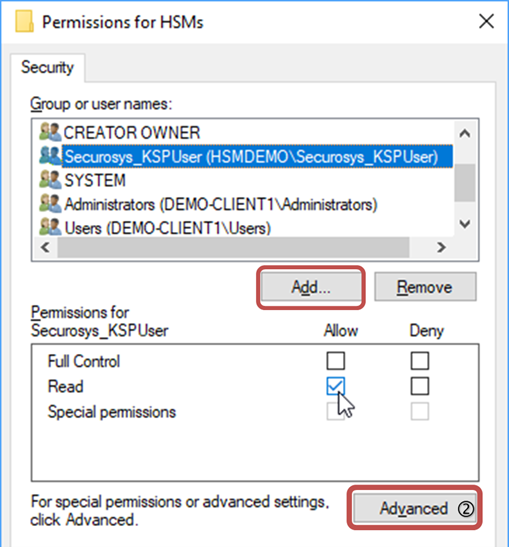 Screenshot showing the &quot;Add&quot; button in the permissions overview in the Registry Editor