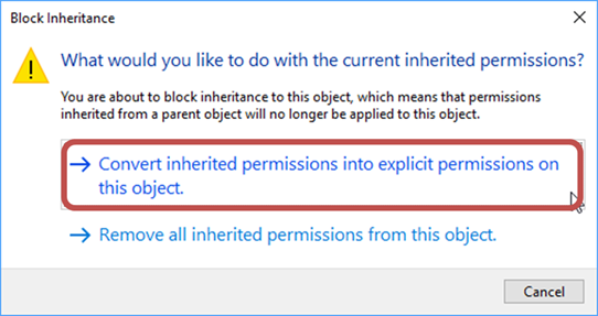 Screenshot showing the confirmation dialog when disabling inheritance