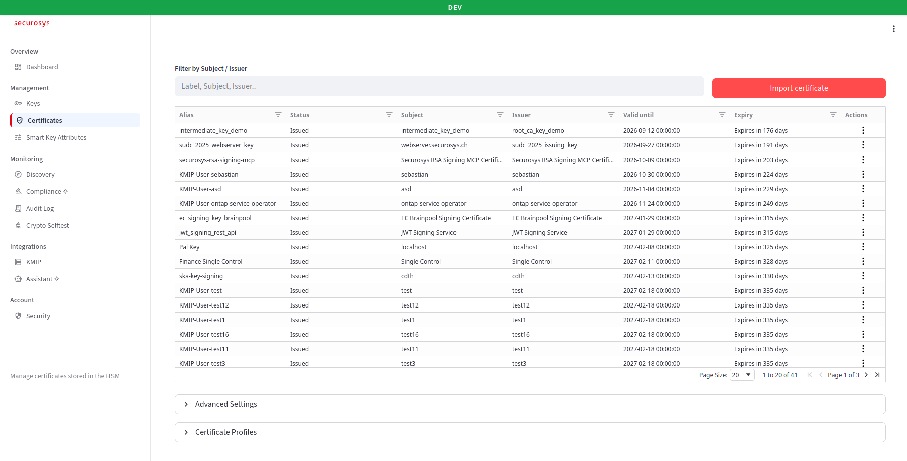 Screenshot of the Certificate Management view