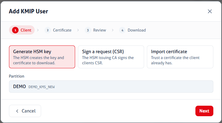 Screenshot of Create KMIP client dialog