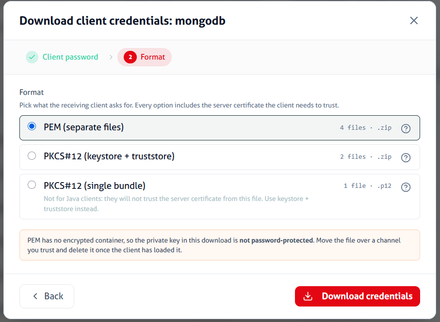 Screenshot of Download Client Keystore dialog
