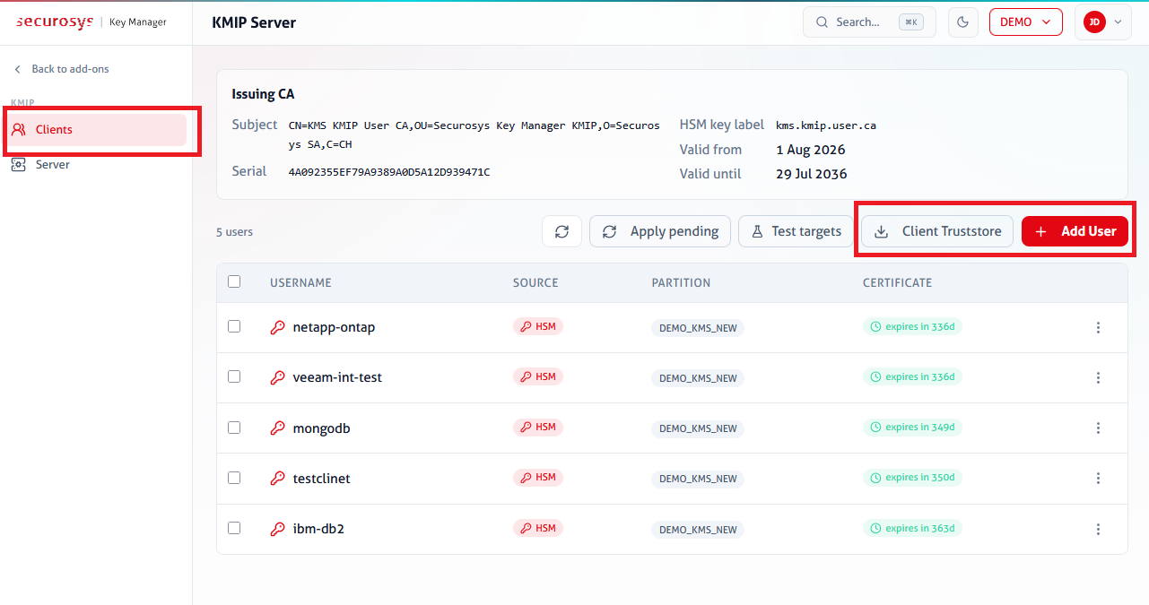 Screenshot of KMIP clients overview list